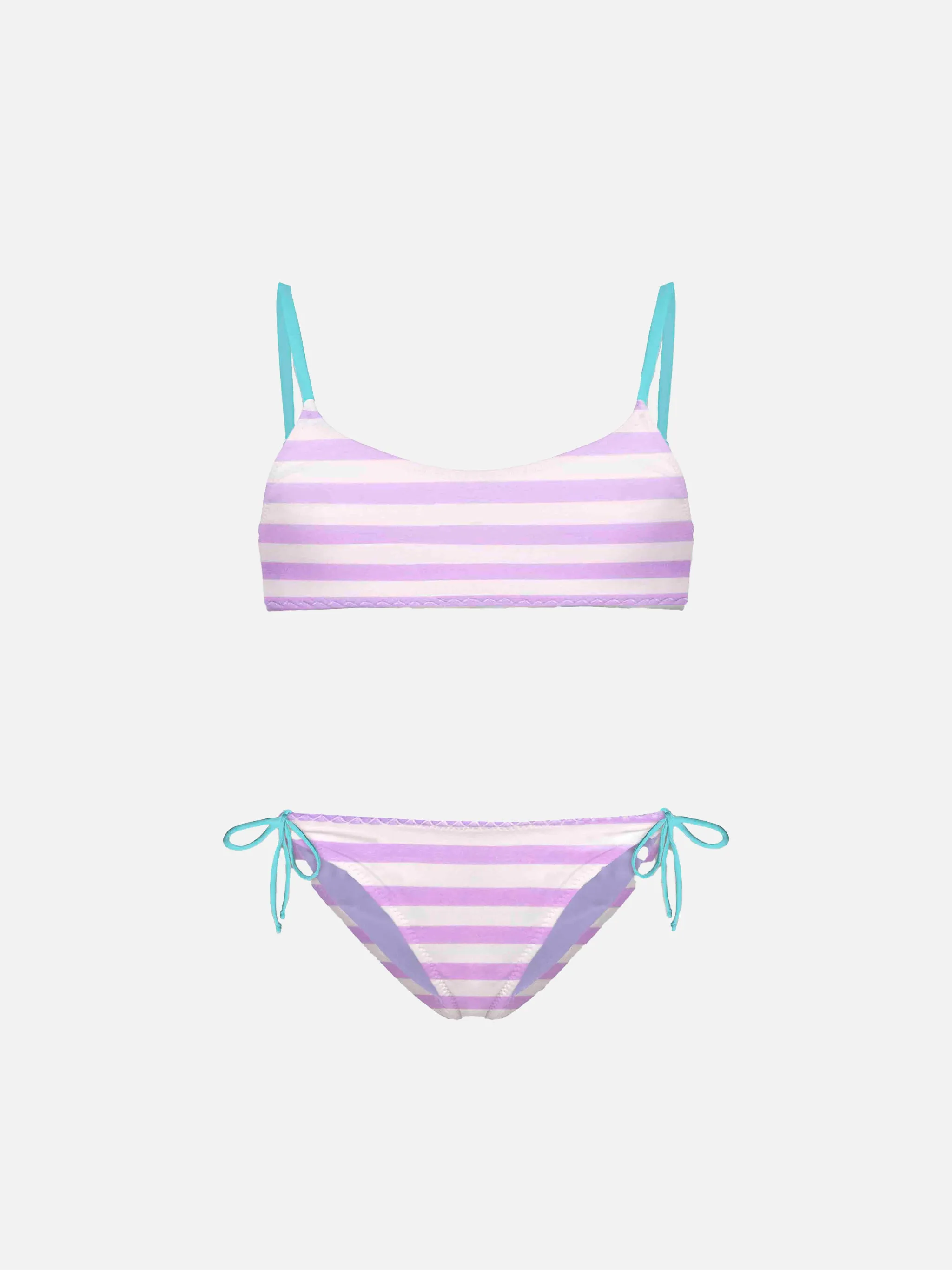Bikini da bambina a bralette a righe con scritta ricamata