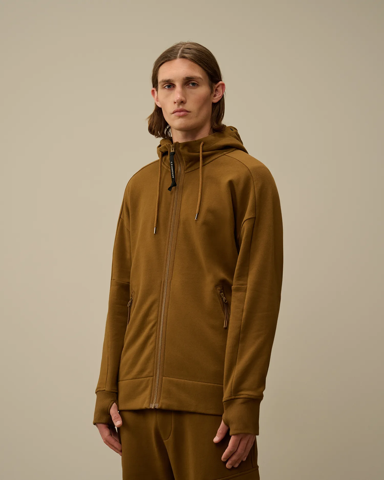 Diagonal Raised Fleece Goggle Zipped Hooded Sweatshirt