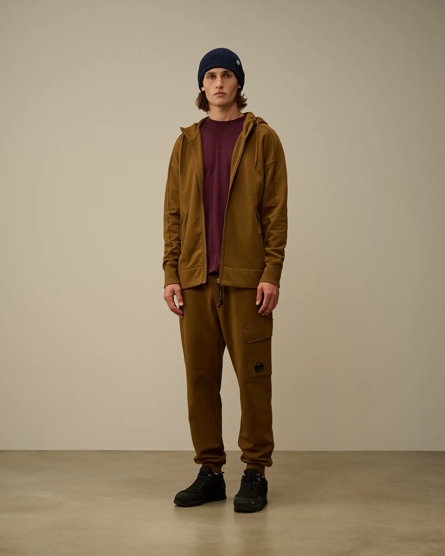 Diagonal Raised Fleece Goggle Zipped Hooded Sweatshirt