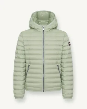 Piumino verde chiaro con cappuccio in nylon leggero imbottito in piuma 10 anni