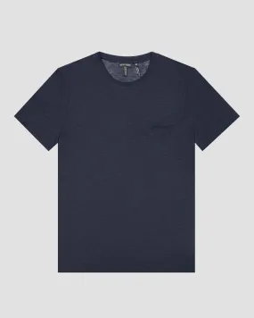 T-shirt blu mezza manica in cotone fiammato con logo ricamato in tono
